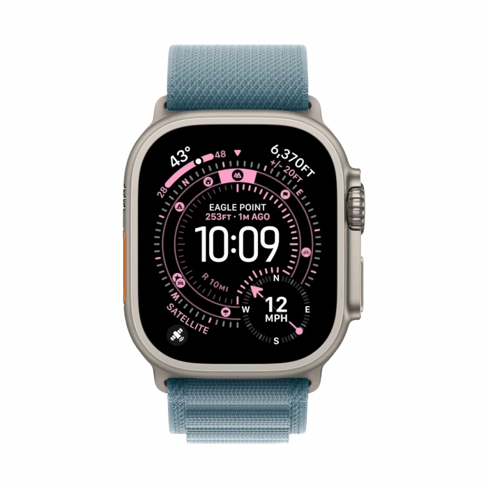 Apple Watch Ultra 3, 49 мм, титан светлого цвета, ремешок Alpine голубого цвета (2025)